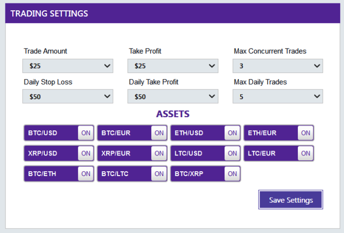 Bitcoin Evolution Trading App Settings