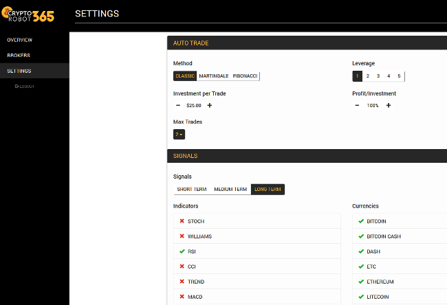 CryptoRobot365 Software Settings