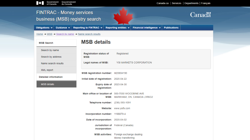 YSI Markets MSB License